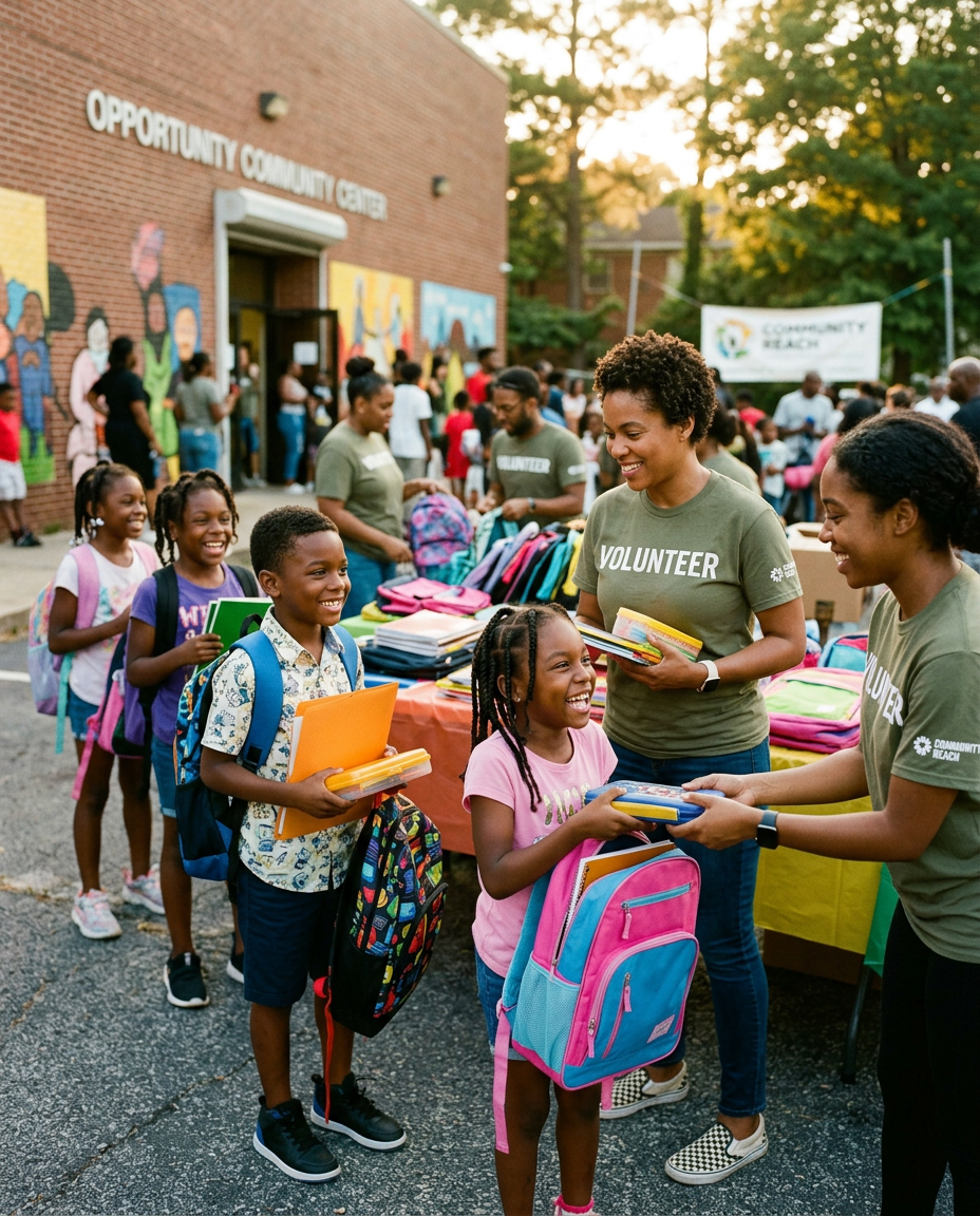 Volunteers distributing backpacks to smiling children outdoors
