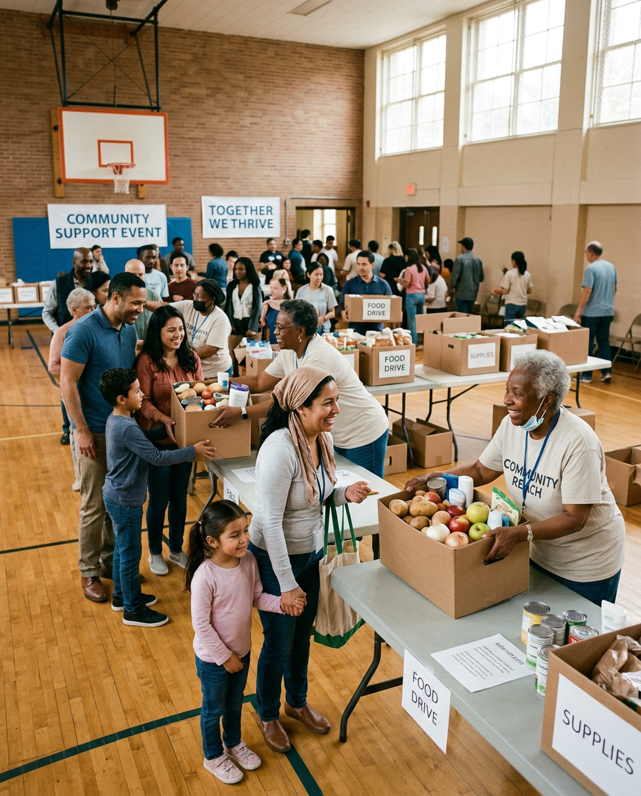 Volunteers packing supply boxes for families in a school gym